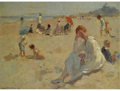 Louis Soonius : FIGURES AT THE BEACH NEAR SCHEVENINGEN, THE KURHAUS IN THE DISTANCE