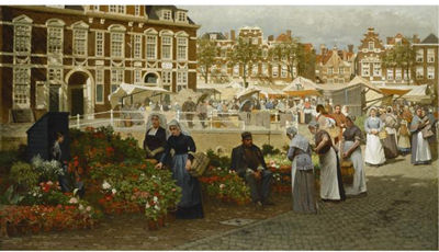 Johannes Christiaan Karel Klinkenberg : A VIEW OF THE GROTE MARKT IN THE HAGUE, TOWARDS THE BOTERWAAG AND THE PRINSENGRACHT, WITH SCHEVENINGEN WOMEN BUYING FLOWERS