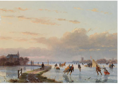 Nicolaas Johannes Roosenboom : SKATERS ON THE ICE NEAR A 'KOEK EN ZOPIE'