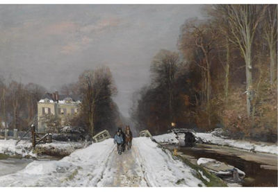 Louis Franciscus Hendrik Apol : FIGURES ON A SNOWY LANE IN THE HAAGSE BOS