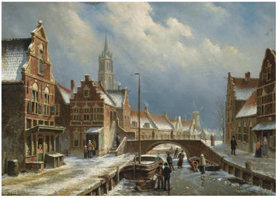 Oene Romkes Jongh : FIGURES ON A FROZEN CANAL IN A DUTCH TOWN