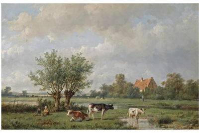 Anthonie Jacobus Van Wijngaerdt : CATTLE IN A SUMMER LANDSCAPE