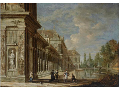 Jakob Ferdinand Saeys : A PALACE CAPRICCIO BESIDE A FOUNTAIN WITH A SOLDIER AND ELEGANT FIGURES IN THE FOREGROUND