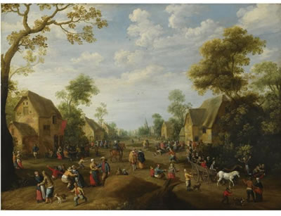 Joost Cornelisz Droochsloot : A VILLAGE KERMESSE WITH NUMEROUS PEASANTS FEASTING