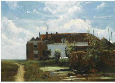 Jan Weissenbruch : A FARM ALONG A CANAL IN A POLDER LANDSCAPE