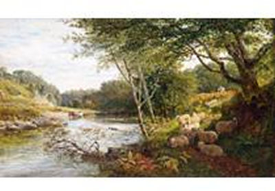 George Shalders : A SHEPHERD AND SHEEP ON A BANK BY A RIVER, CATTLE WATERING BEYOND