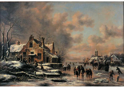 Klaes (Nicolaes) Molenaer : A WINTER LANDSCAPE WITH FIGURES SKATING ON A FROZEN RIVER BEFORE A HOUSE, CHILDREN PLAYING KOLF IN THE FOREGROUND