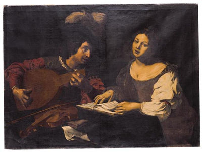 Nicolas Regnier : A MUSICIAN PLAYING A LUTE TO A SINGING GIRL