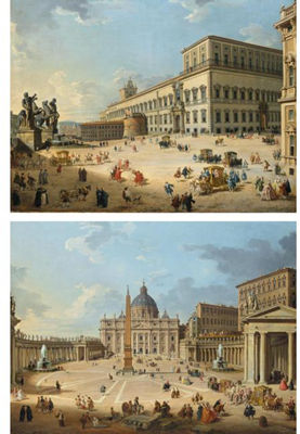 Giovanni Paolo Panini : ROME, A VIEW OF ST. PETER'S BASILICA AND ST. PETER'S SQUARE IN THE VATICAN WITH AN AMBASSADORIAL PROCESSION AND FIGURES PROMENADING;ROME, A VIEW OF THE PIAZZA AND PALAZZO DEL QUIRINALE WITH AN AMBASSADORIAL PROCESSION AND OTHER FIGURES (a pair)