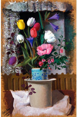 William Crosbie : STILL LIFE WITH TULIPS, POPPIES, QUINCE AND BLUE LILIES