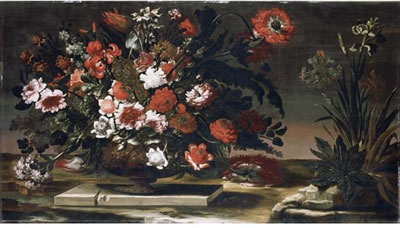 Andrea Scacciati : STILL LIFE OF FLOWERS IN A BRASS URN