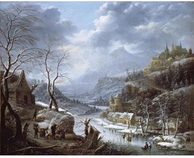 Johann Christian Vollerdt : A MOUNTAINOUS WINTER LANDSCAPE WITH SKATERS ON A FROZEN LAKE