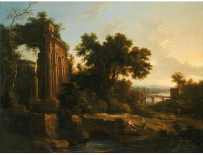 Pierre-Antoine (The Younger) Patel : AN ITALIANATE LANDSCAPE WITH CLASSICAL RUINS AND FIGURES CONVERSING BY A BRIDGE