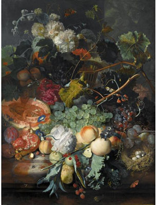 Jan Van Huysum : STILL LIFE OF FRUIT UPON A MARBLE LEDGE