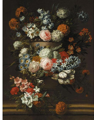 Jean Baptiste Bosschaert : A STILL OF FLOWERS IN A STONE URN