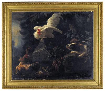 Abraham Bisschop : LANDSCAPE WITH A SPANIEL STARTLING CHICKENS AND THEIR CHICKS