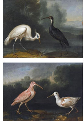 Philipp Ferdinand De Hamilton : A CURLEW AND A GREENSHANK IN A LANDSCAPE;AN EGRET AND A BLACK STORK IN A LANDSCAPE (2)