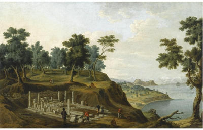 Anton Schranz : FIGURES AMONG THE RUINS OF THE TEMPLE OF ARTEMIS WITH THE CITADEL IN THE DISTANCE, CORFU