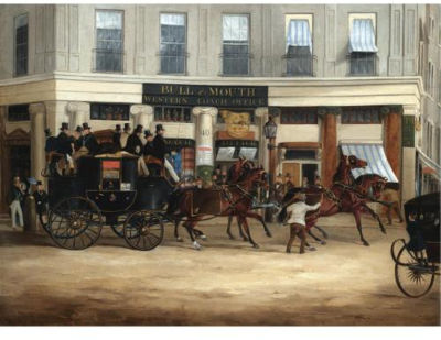 William Joseph Shayer : THE DUKE OF BEAUFORT'S COACH LEAVING THE BULL AND MOUTH COACH OFFICE FOR BRIGHTON