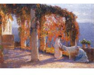 Henri-Jean Guillaume Martin : PERGOLA À L'AUTOMNE AVEC DEUX FEMMES DONNANT À MANGER À UNE CHÈVRE BLANCHE