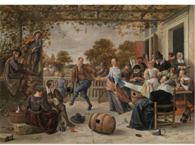 Jan Havickszoon Steen : A TERRACE WITH A COUPLE DANCING TO A PIPE AND FIDDLE, PEASANTS EATING AND MERRYMAKING BEHIND