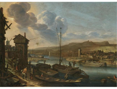 Herman Van Swanevelt : A RHENISH RIVER LANDSCAPE WITH FIGURES UNLOADING BOATS AT THE QUAYSIDE