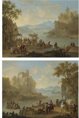 Franz De Paula-Ferg : A MOUNTAINOUS RIVER LANDSCAPE WITH NUMEROUS FIGURES ON THE RIVERBANK, MEN DRINKING IN A QUAYSIDE TAVERN BEYOND;(a pair)