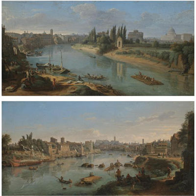 Gaspar Van Wittel : ROME, A VIEW OF THE RIVER TIBER AT THE PORTO DELLA LEGNA;ROME, A VIEW OF THE RIVER TIBER AT THE PORTO DI RIPA GRANDE)( a pair)