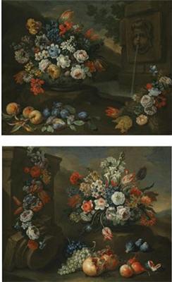 Bartolomeo Bimbi : A STILL LIFE OF TULIPS, ROSES AND OTHER FLOWERS IN A PORCELAIN VASE (a pair)