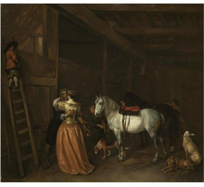 Hendrick Verschuring : AN AMOROUS COUPLE IN A STABLE WITH A GREY, A BAY HORSE AND DOGS