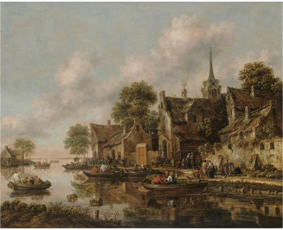 Thomas Heeremans : A RIVER LANDSCAPE WITH FIGURES IN BOATS MOORED BESIDE A VILLAGE