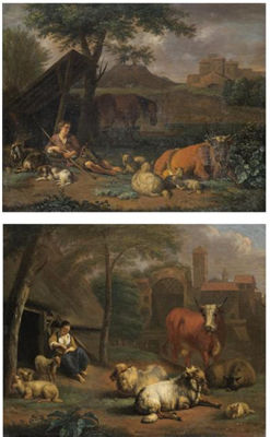 Simon Van Der Does : A PAIR OF PASTORAL ROMAN LANDSCAPES WITH A SHEPHERD BOY AND A SHEPHERD GIRL (a pair)