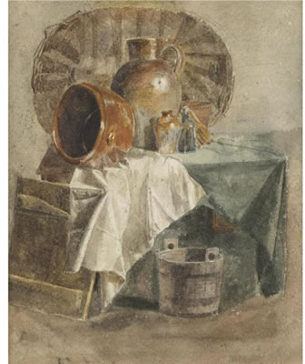 Peter de Wint : STILL LIFE WITH A BASKET, JARS, A BOWL AND WHITE CLOTH