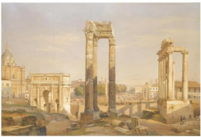 Salomon Corrodi : A VIEW OF THE ROMAN FORUM, WITH OXEN AND CARTS IN THE MIDDLE GROUND