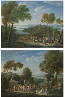 Hendrik Frans Van Lint : A CLASSICAL LANDSCAPE WITH A SACRIFICE BEFORE A TERM OF PAN; A CLASSICAL LANDSCAPE WITH A BACCHIC REVEL BEFORE A TERM, WITH SILENUS ON A DONKEY BEYOND (pair)