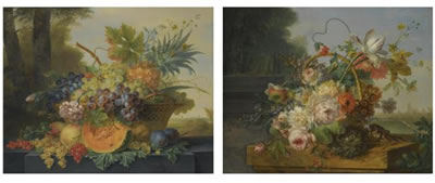 Willem Van Leen : STILL LIFE WITH A BASKET OF FLOWERS, A BIRD'S NEST AND A SONGBIRD, ALL ARRANGED ON A MARBLE PLINTH, THE CITY OF ROTTERDAM BEYOND, WITH THE TOWER OF THE LAURENSKERK; AND STILL LIFE WITH A BASKET OF FRUIT ON A LEDGE BEFORE A LANDSCAPE, INCLUDING A PINEAPPLE