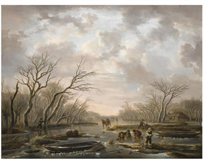 Andries Vermeulen : WINTER LANDSCAPE WITH SKATERS ON A FROZEN CANAL