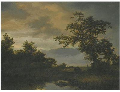 Cornelis Hendriksz Vroom : A WOODED RIVER LANDSCAPE WITH A SHEPHERD AND HIS FLOCK ON THE BANK