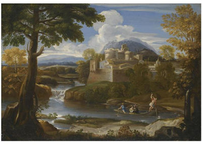 Giovanni Francesco Grimaldi : A RIVER LANDSCAPE WITH AN ELEGANT COUPLE BOATING IN THE FOREGROUND