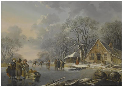 Andries Vermeulen : A WINTER LANDSCAPE WITH SKATERS ON A FROZEN RIVER NEAR AN INN