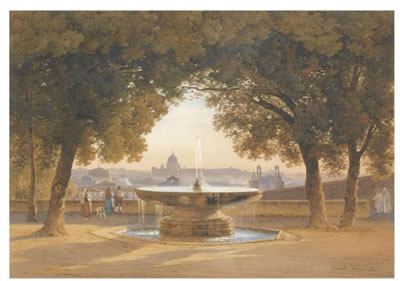 Salomon Corrodi : THE FOUNTAIN OF VILLA MEDICI, ROME, AT SUNSET