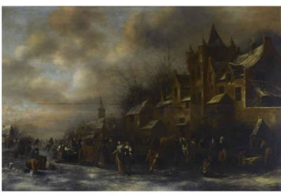 Klaes (Nicolaes) Molenaer : A WINTER LANDSCAPE WITH SKATERS, CHILDREN ON SLEIGHS AND ELEGANT FIGURES PROMENADING ACROSS A FROZEN RIVER