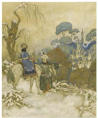 Edmund Dulac : 'SOON THEY CAUGHT SIGHT OF THE CASTLE IN THE DISTANCE.'