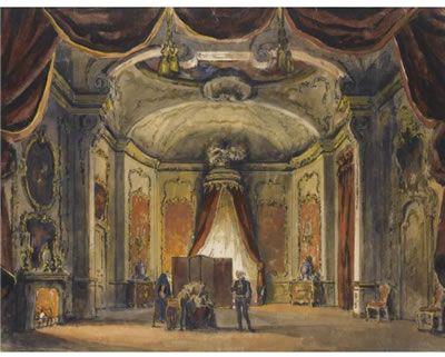 Albert Nikolayevitch Benois : SET DESIGN FOR THE COUNTESS' ROOM FROM ACT IV OF THE MARIINSKY THEATRE PRODUCTION OF THE QUEEN OF SPADES