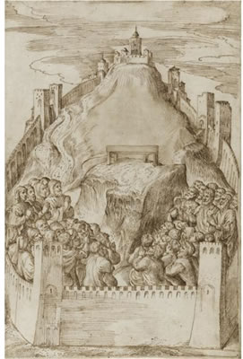 Domenico Campagnola : A WALLED ANCIENT CITY, POSSIBLY JERUSALEM, PEOPLE PRAYING IN FRONT OF AN ALTAR