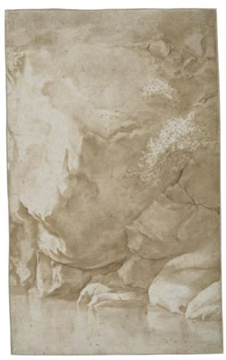 Cornelis Van Poelenburgh : Recto: Study of a river and rocks; verso: Study of a sculpture of two fighting figures