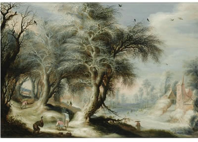 Gysbrecht Leytens : A WINTER LANDSCAPE WITH WOODCUTTERS ON A BANK BESIDE A FROZEN CANAL, A VILLAGE TO THE RIGHT