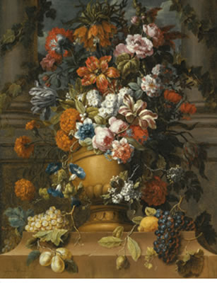 Gaspar Pieter Verbruggen II : FLOWERS IN AN URN WITH FRUIT ON A PEDESTAL