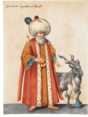 Jacopo Ligozzi : A SULTAN STANDING BESIDE A GOAT: 'SOLIMANO IMPERATOR DE TURCHI'