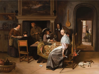 Jan Havickszoon Steen : AN ELEGANT COMPANY IN AN INTERIOR WITH FIGURES PLAYING CARDS AT A TABLE